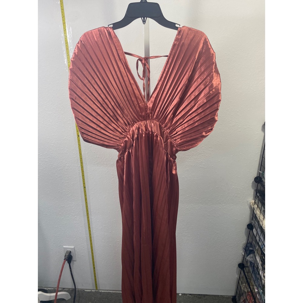 Copper Rust Pleated Satin Maxi Dress Deep V-Neck Fan Sleeve Formal Gown 58in L